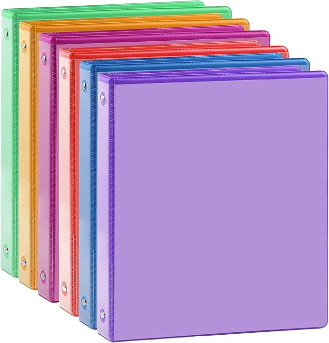 3 Ring Binder - 6 Pack, 1 Inch Binder with 2 Interior Pockets & Clear View Overlay, Large Capacity, Round Ring Binders for Office Supplies, School & Home (6 Colors, Rainbow Colors)