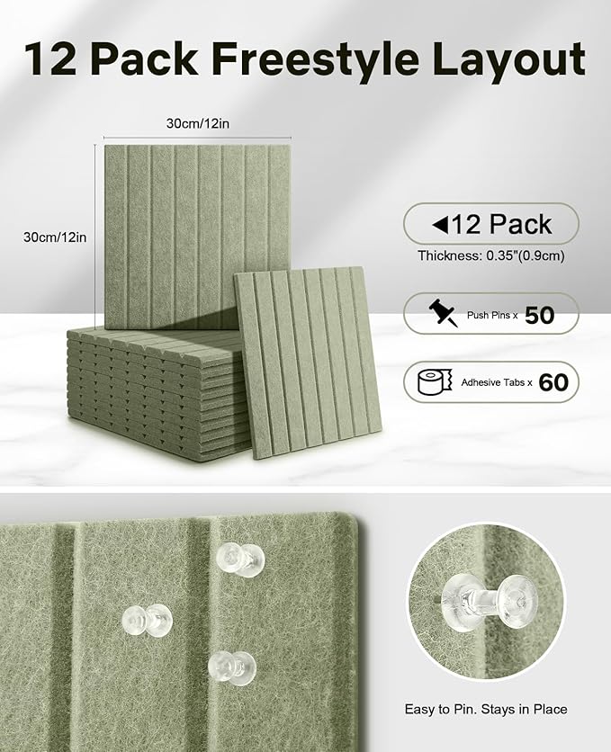 Cork Bulletin Board Tiles, Office Pin Board | 48" x 36" Large Wall Panels for Office, Dorm, Room and Desk Decor (Sage Green)
