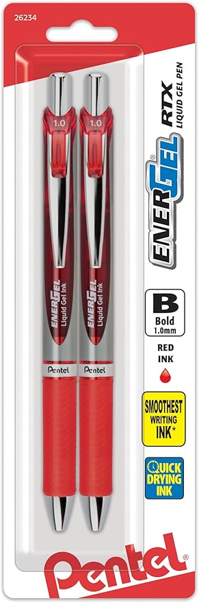 Pentel EnerGel RTX Retractable Liquid Gel Pen, Bold Line, Metal Tip, Red Ink 2-Pack (BL80BP2B)