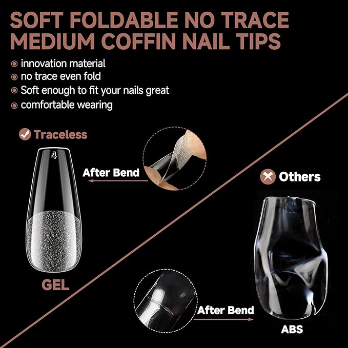 UNA GELLA Medium Coffin Nails Tips 504pcs - Gel Nail Tips Coffin Acrylic Full Cover Pre-buff Soft Gel Nail Tips Half Matte For Nail Extension Home DIY Salon 12 Sizes