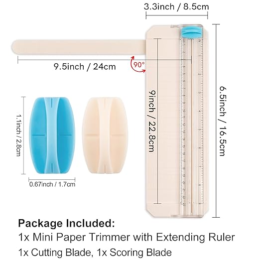 Mini Paper Trimmer with Extending Ruler, Paper Cutter with Cutting and Scoring Blades, Portable Straight Edge Cutter for Scrapbooking Craft Paper, Photos, Label, Cardstock
