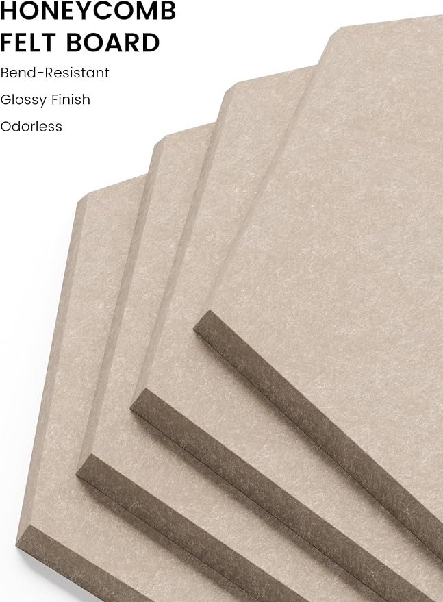 Fluxynara 12-Pack Hexagon Felt Bulletin Board Tiles, Taupe | Cork Board Alternative with 60 Adhesive Tabs for Notes, Photos and Reminders in Home Offices, Dorm and Classrooms