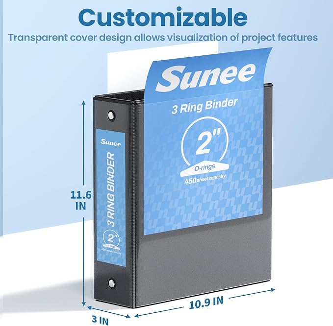 SUNEE 2 Inch Binders 3 Ring 4 Pack, PVC-Free Clear View 2" Binders (Fits 8.5x11 Inches) for School, Office & Home Use, Black