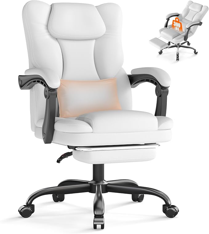 Ergonomic Office Chair with Foot Rest, 300 lbs Executive Leather Desk Chair | 90°-155° Reclining Computer Chair with Lumbar Support and Armrests, Adjustable Height Swivel Chair for Home Office Desk White