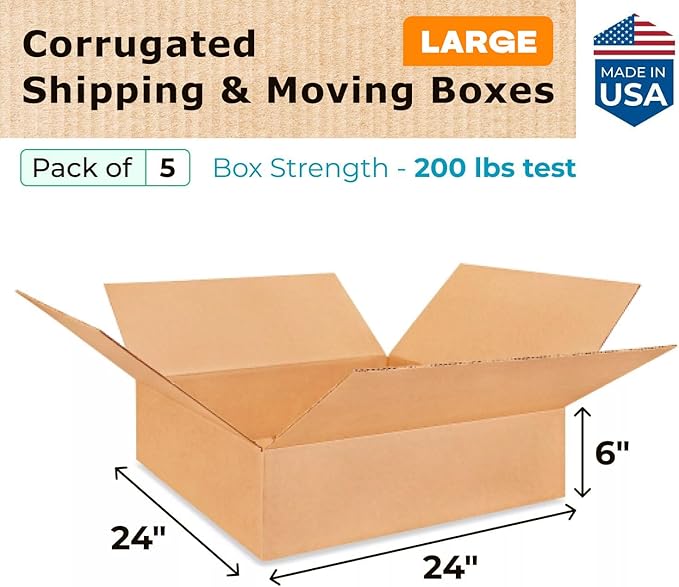 Large Shipping & Moving Boxes 24 x 24 x 6 inches (5-Pack) - Extra Strength 200 lb vs Regular - USA-Made Corrugated Packing Boxes - Packing Box by IDL Packaging