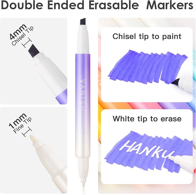 HANKU 12 Pack Cute Erasable Highlighters, Dual Tip Markers for Journaling | Erasable Marker Pens, 12 Assorted Colors, Chisel Tip Smooth Writing, for Journaling Planner Back to School Office Supplies