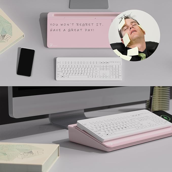 TOWON Glass Desk Whiteboard 17x6 in, Wireless Charger and Storage, Pink | Desktop white board with charging station and mirror. Compact desk organizer with dry erase storage.