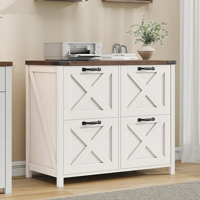 Befrases Farmhouse File Cabinet, Lateral Filing Cabinet with 4 Drawers for Letter/A4 Size Hanging Files, Wooden Printer Stand File Storage Cabinet for Home Office Cabinets, Rustic White