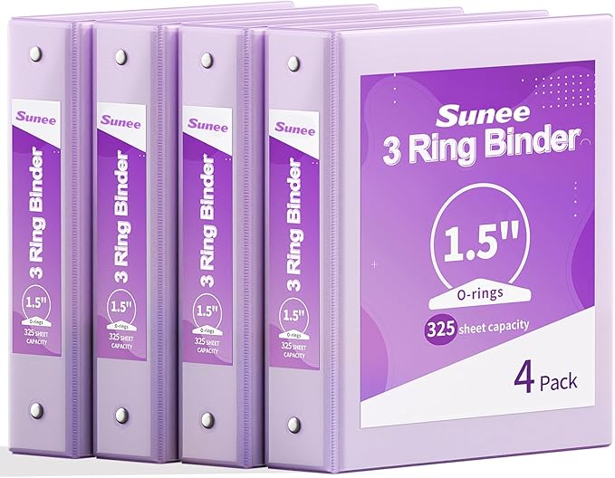 SUNEE 1.5 Inch Binders 3 Ring 4 Pack, Clear View 1 1/2 Inch Binders Three Ring PVC-Free (Fit 8.5x11 Inches) for School or Office Supplies, Purple