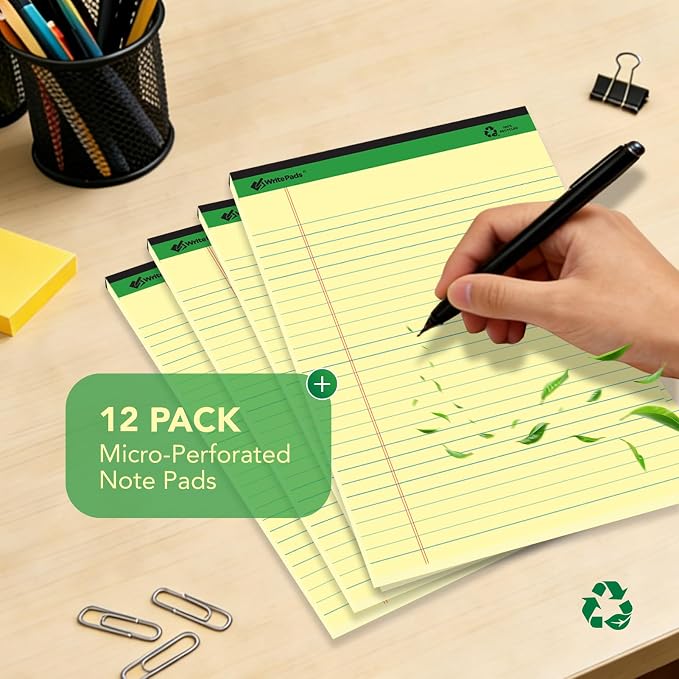 KAISA Yellow Legal Pads 12 pads 600 Sheets 8.5"x14" Writing Pads Recycled Paper 8.5"x14" Wide Ruled Lined Paper Perforated 50 sheets Hard Back Notepads Large Legal Pad Writing Tablet Canary For Office Supplies (Canary 12pads)