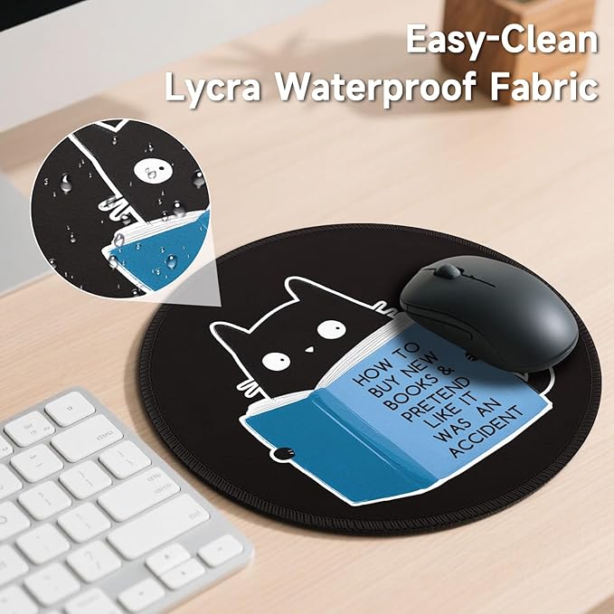Gctriki Cute Cat Reading Mouse Pad, 8.6" Round Funny Mousepad with Stitched Edge & Non-Slip Base, Comfortable Mouse Pads for Computer Laptop, Unique Office Decor & Home Desk Accessories Book Lovers