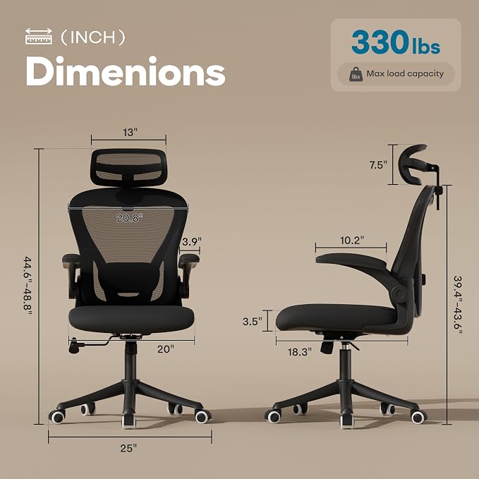 Ergonomic Office Chair with Memory Foam Seat, Computer Desk Chair | 3.5" Memory Foam Cushion, 3D Adjustable Headrest, Lumbar Support, Flip-Up Armrests, Breathable Mesh, 330LBS Weight Capacity