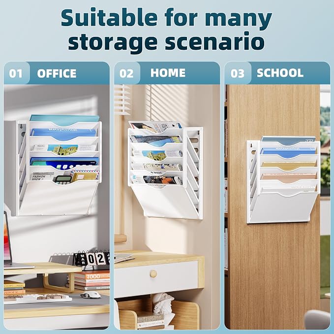 Marbrasse 5 Tier Wall File Organizer, Plastic Hanging File Holder for Mail, Magazines Paper Organizer Wall Mounted for Office Home (White)