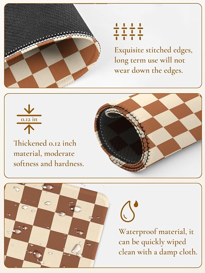Cute Brown Mouse Pad,Retro Checkered Pattern Mousepad,Square Aesthetic Plaid Waterproof Grid Mouse Mat Design, Non-Slip Rubber Base Computer Funny Boho Small Mouse Pads, Desk Accessories