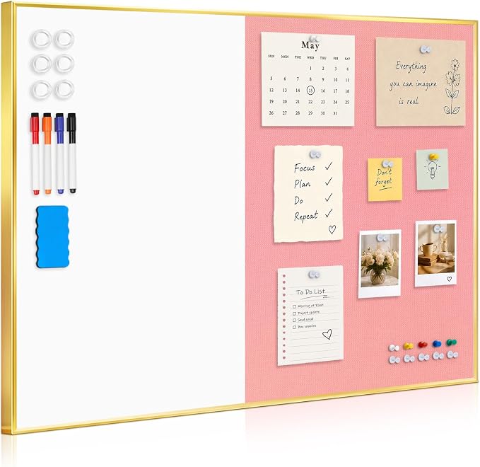 Whiteboard Bulletin Board Combo, 36"x24" Dry Erase Linen Cork Board | Magnetic, Gold Aluminum Frame, Pink Linen Pin Board, Wall Mount, Vertical & Horizontal, for Home Office Kitchen Dorm