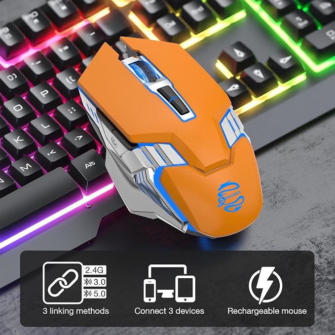 Bluetooth Wireless Gaming Mouse, 2400 DPI, RGB Backlit, Rechargeable Cordless Computer Mouse for Laptop PC Mac Macbook Air/Pro iPad Chromebook Office Gamer - Orange | BT5.0/BT3.0+2.4G connection, RGB backlight & quiet click, for gaming office, compatib...