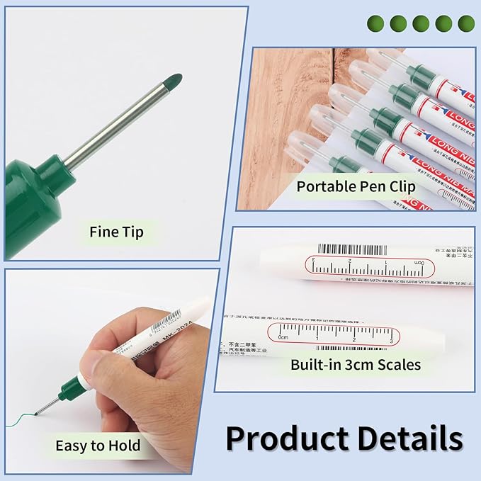 15 Pcs Long Head Deep Hole Marker, 20 mm Long Nose Nib Deep Reach Metal Marking Pen, Quick-drying Waterproof Permanent Pens For Carpenter, Woodworking, Construction (Green)