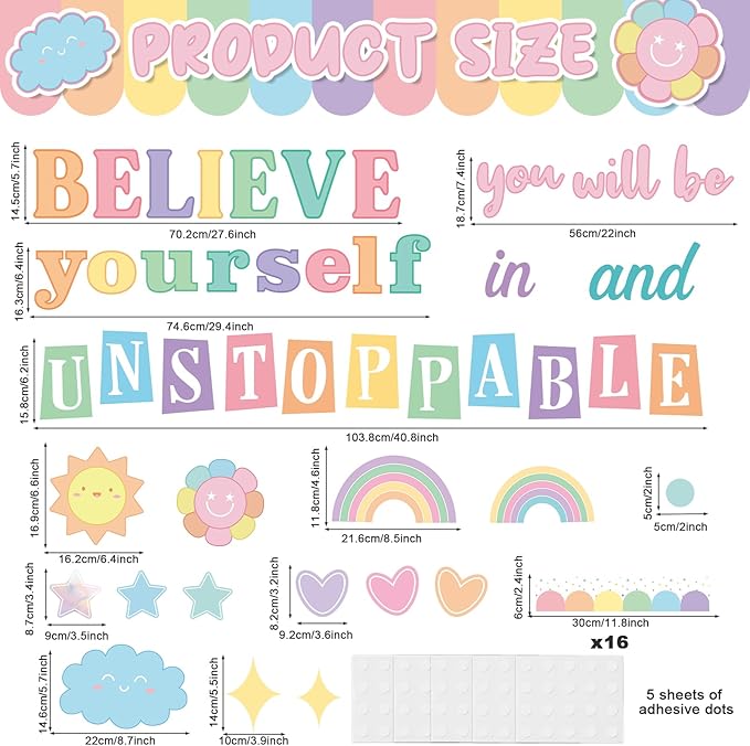 Believe in Yourself Bulletin Board Set Pastel Positive Saying Classroom Bulletin Board Decorations Motivational Cutouts for Back to School Classroom Kindergarten Elementary Middle School Wall Decor