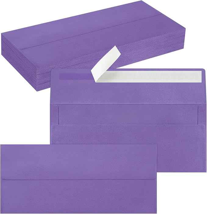 50 Pack #10 Purple Envelopes Letter Size Self Seal Business Envelopes | Security Mailing Envelopes, 4 1/8 x 9 1/2 Inches