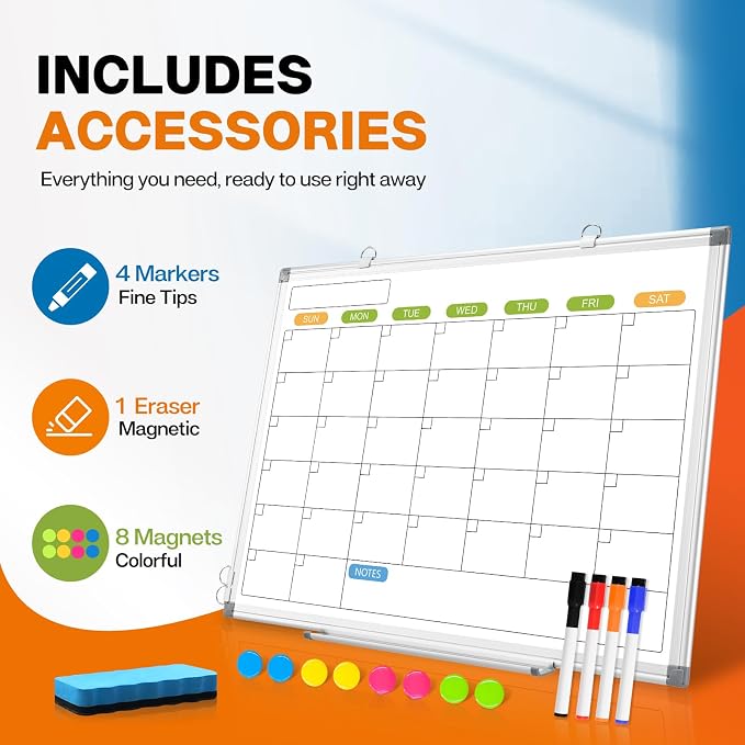 White Board Calendar 36 x 24 Monthly Whiteboard Dry Erase Calendar | Double-Sided Magnetic Calendar, Wall Planning Board with Marker Kits for Home, School, Office