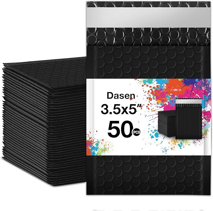 Dasen Bubble Mailers 3.5x5 Inch 50 Pcs,Small Self-Sealing Mail Shipping Bags,Black Padded Envelopes #0000