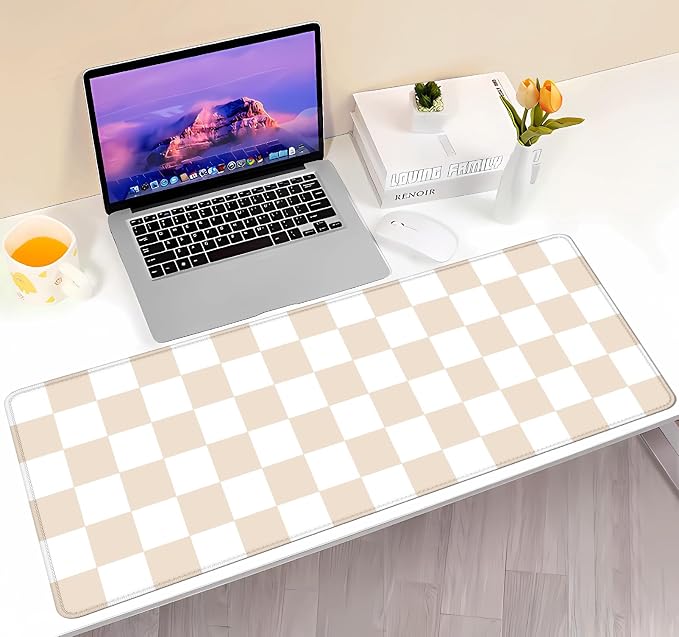 Beige Sand Checkered Desk Pad, Cute Aesthetic Retro Extra Large Mouse Pad for Kids Girls, Computer Mousepad Laptop Desk Mat, Writing Mat for Work Home, 31.5 X 11.8 in