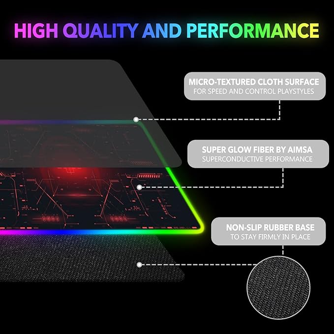AIMSA Large Gaming Mouse Pad RGB, Keyboard Led Mousepad Extended 35.4 x 15.8 inch Non-Slip Rubber Base with 14 Lighting Modes Desk Mat, Red Circuit Board Motherboard