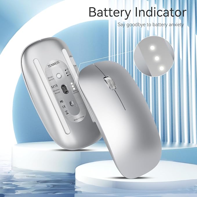 TENMOS M18 Bluetooth Mouse, USB C Rechargeable Wireless Mouse,Silent-Silver | Tri-Mode BT5.1/5.0+2.4G, Quiet Click, Portable, Battery Level Visible, USB Receiver,Type C Adapter, for Laptop/Macbook/iPad