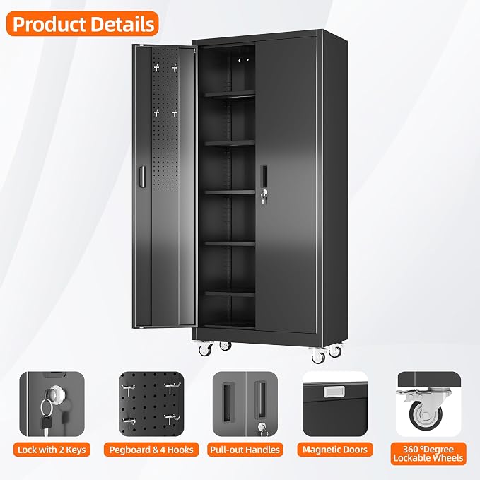 71" Metal Storage Cabinet with Wheels, Pegboard, Lock, 5 Shelves | Locking steel cabinet with wheels, two inside-door pegboards and 5 shelves for garage, workshop or office; assembly required.