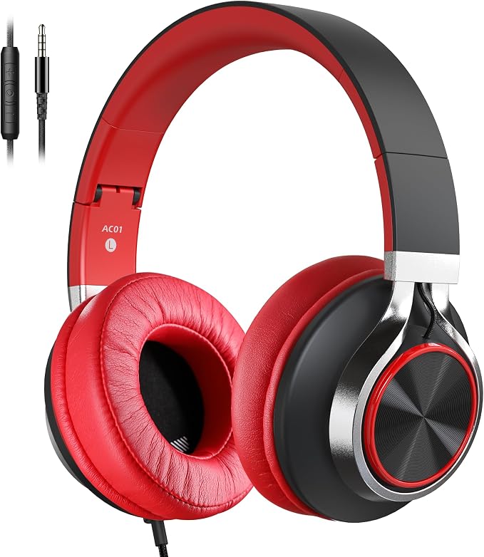 AC01 Over Ear Headphones Wired with Mic Volume Control, 3.5mm Jack | Corded Stereo Headsets for Adults Teens Kids Headphones for School Classroom Chromebooks Laptop Tablets Travel, Black Red