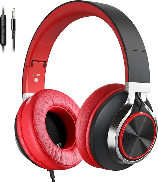 AC01 Over Ear Headphones Wired with Mic Volume Control, 3.5mm Jack | Corded Stereo Headsets for Adults Teens Kids Headphones for School Classroom Chromebooks Laptop Tablets Travel, Black Red