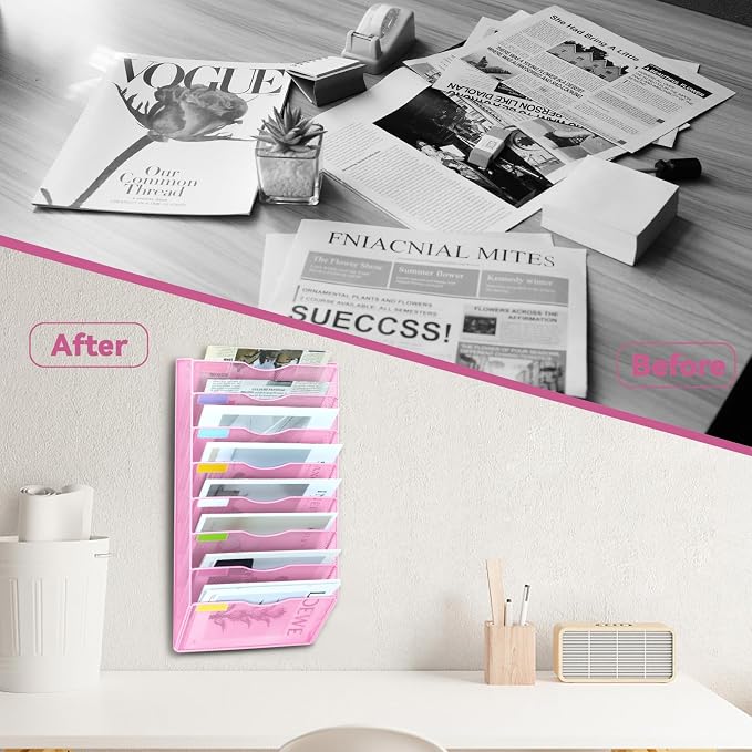 8 Pockets Mesh Wall File Holder Organizer Office Hanging File Folder Magazine Rack, Nametag Label Hooks Set Included (Pink)