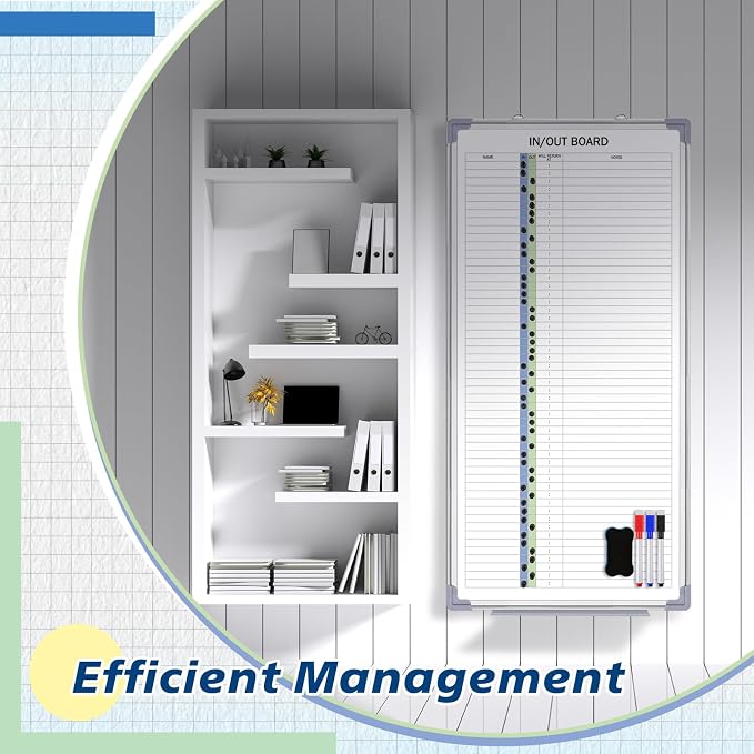 in and Out Magnetic Dry-Erase Board 36 x 18 Aluminum Framed White Board with Lines 53 Names with Magnetic Dry-Erase Marker, Eraser, and 55 Magnets Wall-Mounted for Office Employee
