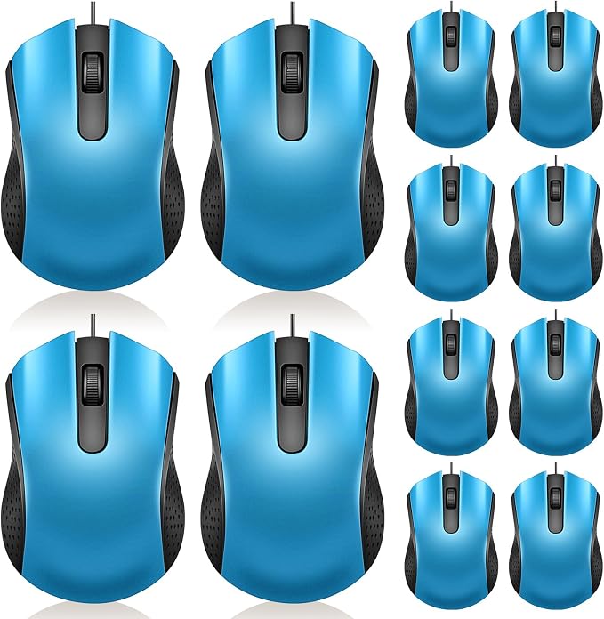 Hoteam 12 Pcs Wired Mouse Bulk, USB Ergonomic Computer Mice,Light Blue | Plug Play USB Cord, Textured Grip for Office Gaming, Desktop Laptop Compatible, Bulk Office School Business Supply