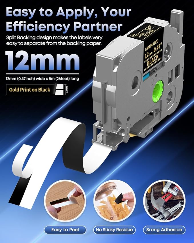Replace for Brother P Touch Label Tape Gold on Black TZe-334 TZ Tape 12mm | TZe334 Laminated 0.47" for Brother Ptouch PT-D220 D210 H110 H103W D410 1280 D610BT Label Maker Refills, 1/2" x 26.2' , 5-Pack