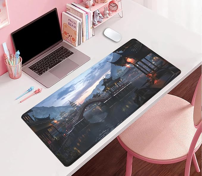 Japanese Style Ancient Pavilion Sky Mountains Extended Desk Pad Mouse Pad,Stitched Edges Non-Slip Rubber Base XL Mouse Mat Desk Mat for Office Home Work Mousepad(27.5X11.8 Inch)