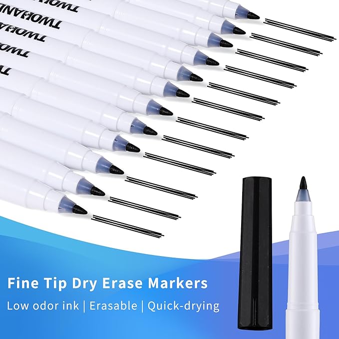 TWOHANDS Dry Erase Markers Fine Tip Black,Ultra Fine Extra Fine Point 0.7mm,Low Odor,Whiteboard Markers for Office,Home,or Planning Whiteboard,12 Count,20574