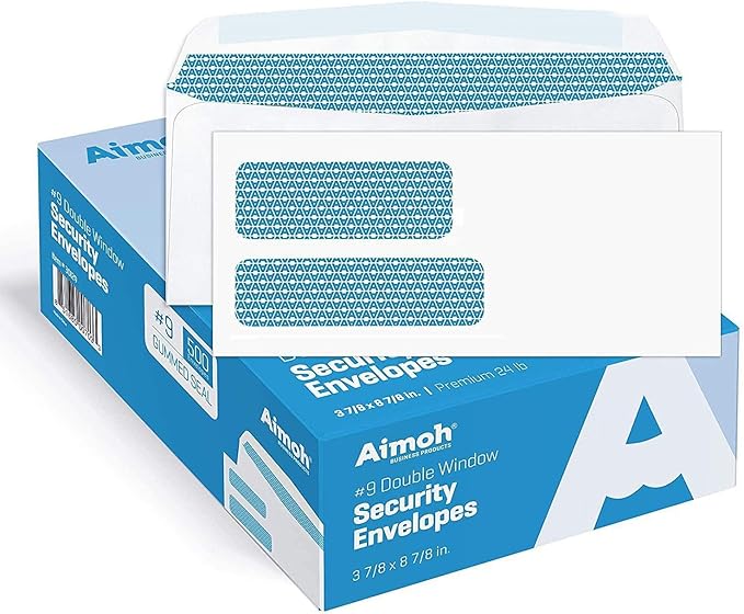Aimoh #9 Double Window Security Business Mailing Envelopes for Invoices, Statements and Legal Documents - GUMMED Closure, Security Tinted - Size 3-7/8 x 8-7/8 - White - 24 LB - 500 Count (30129)