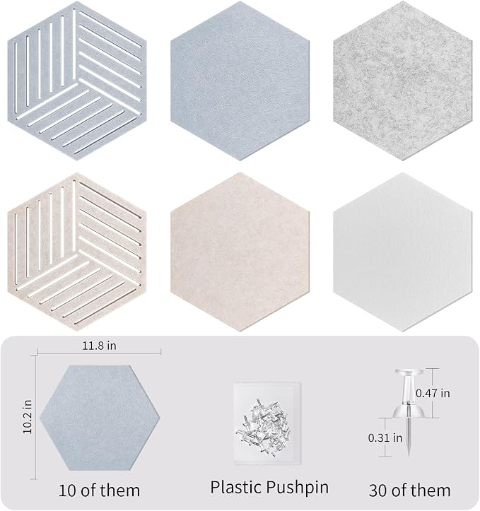 Felt Bulletin Cork Board for Office, 12 x 10 inch, 10 Pack | Hexagon Bulletin Board Tiles, 1300g/m² Dense Felt, Fully Self Adhesive, Peel and Stick, Frameless, Modern, Office Home Decor