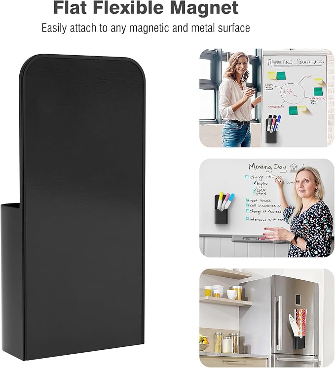 MoKo Magnetic Pen Holder Set, 3-Pack with Eraser, Black | Magnetic dry erase marker holder set has one large divided organizer, two small holders and one eraser.
