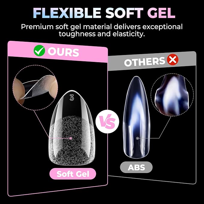 UNA GELLA Short Almond Gel Nail Tips 15 Sizes 300PCS Pre-Etched Soft Gel | Clear Nail Tips Easy DIY Salon Short Almond Press On Nails Snug Fit Acrylic Fake Tips Extensions Long-Lasting Hold