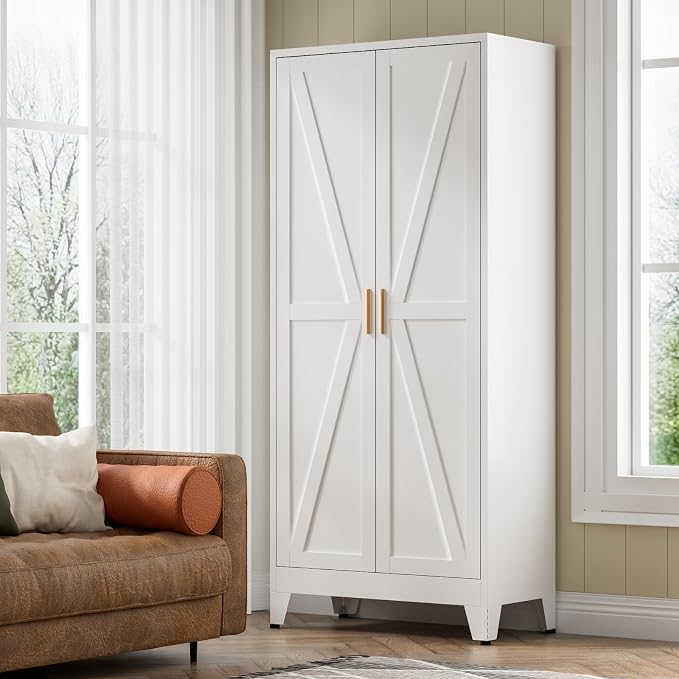 COFaR 5 Tier Metal Farmhouse Storage Cabinet with 2 Barn Door, 4 Adjustable Shelves and Legs, for Kitchen, Dining Room, Bathroom, Living Room, Office