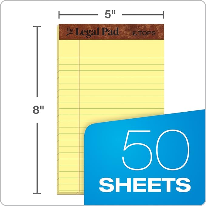 TOPS 5 x 8 Legal Pads, 12 Pack, The Legal Pad Brand, Narrow Ruled, Yellow Paper, 50 Sheets Per Writing Pad, Made in the USA (7501)