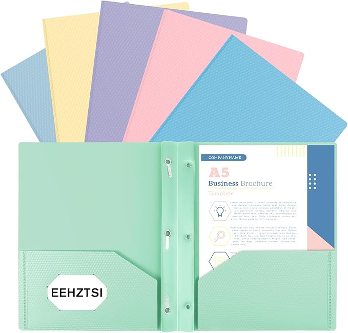 6-Pack Plastic andPockets and Prongs,2-Pocket and3 Fasteners, Holds 8-1/2" x 11" Paper for School/Office/Home, Pastel Color
