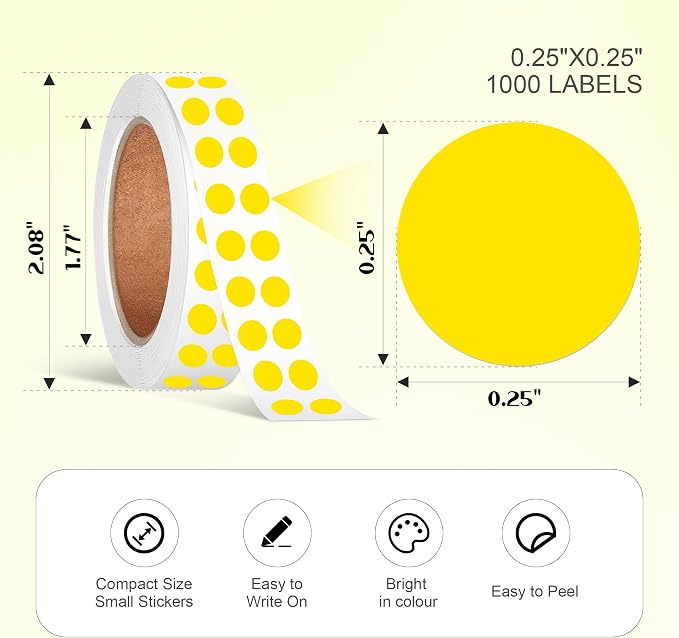 1/4 Inch Dot Stickers, Small Round Sticker, 1000 Dot Label Stickers | 0.25 Inch Yellow Dot Stickers, Circle Sticker Labels, Sticker Dots for Office and Marking, Small Round Stickers for Labeling