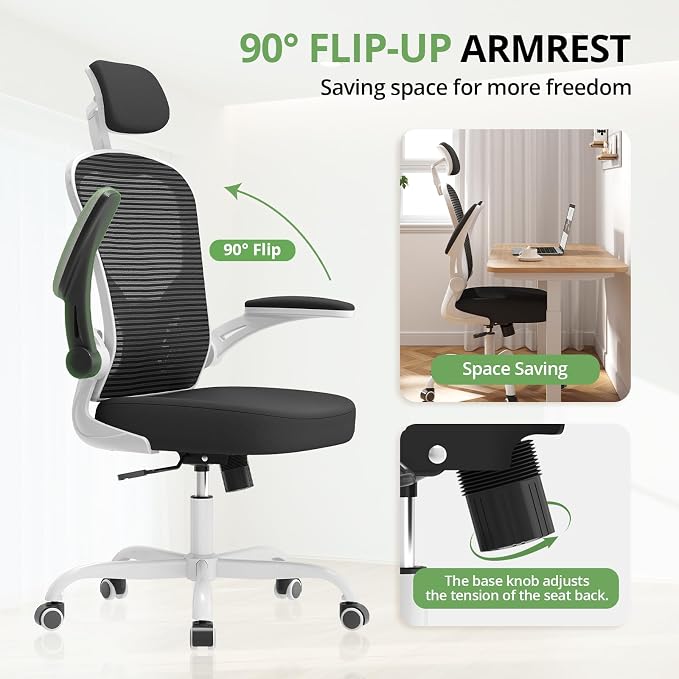 Office Chair|330LBS Capacity Ergonomic Desk Chair | High Back Computer Chair,Long Hours Comfortable,Rolling Swivel,Flip-up Armrests,Home Office