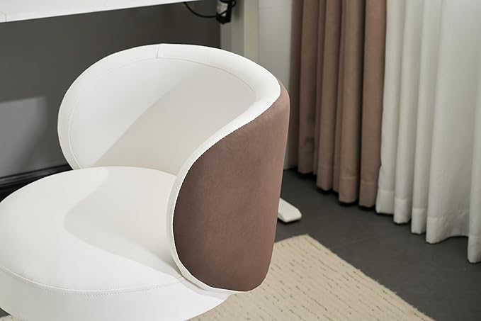 VINGLI Cute Small Swivel Desk Chair Comfy no Wheels,Ergonomic Low-Back Lumbar Support Vanity Nail Tech Computer Task Stool Chair for Home Office,Height Adjustable,PU Leather White&Suede Khaki