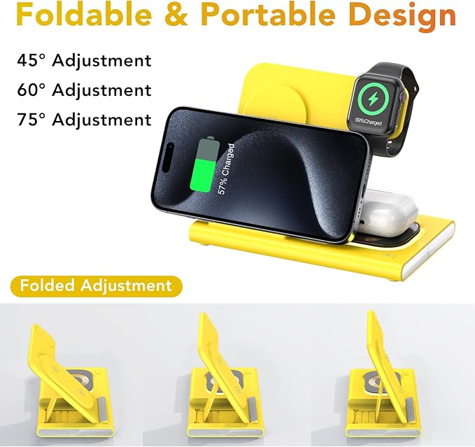 3 in 1 Foldable Wireless Fast Charging Station for Apple Multiple Devices | iPhone Charging Station for iPhone 17, Travel iWatch Charger Stand, Light Nightstand Charging Dock for Apple Watch/Airpods