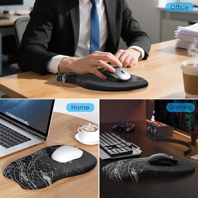 MROCO Ergonomic Mouse Pad with Wrist Support, 11.8 x 7.8 in, Black Kanagawa | Memory Foam Wrist Rest Mouse Pad, Non-Slip Base, Smooth Lycra Surface for Office & Home, Comfortable Wrist Support