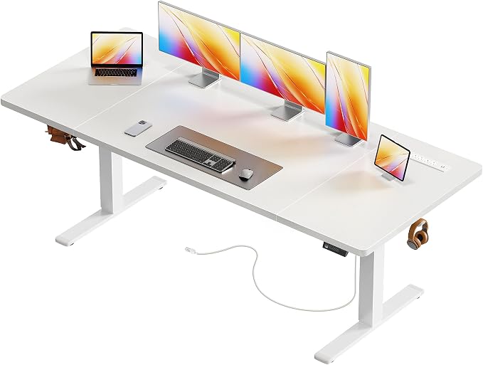 Huuger 71 X 30 Inch Electric Standing Desk with Power Outlets and USB-C Port, Height Adjustable Desk, Sit Stand Desk for Home Office, Computer & Gaming Desk with 4 Presets, Stable Steel Frame, White